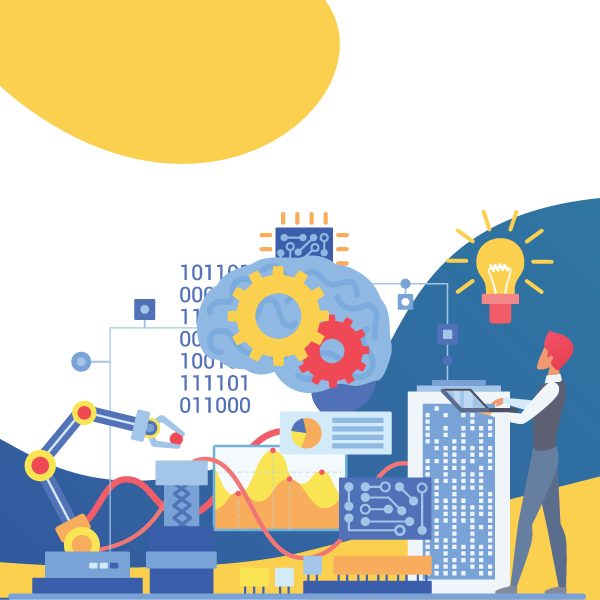 Immagine di un grafico rappresentativo dell'apprendimento automatico (Machine Learning) con un personaggio stilizzato che lavora su un laptop. Elementi grafici includono un ingranaggio simboleggiante il cervello, circuiti e codice binario, un braccio robotico, grafici di dati e un'idea illustrata da una lampadina.